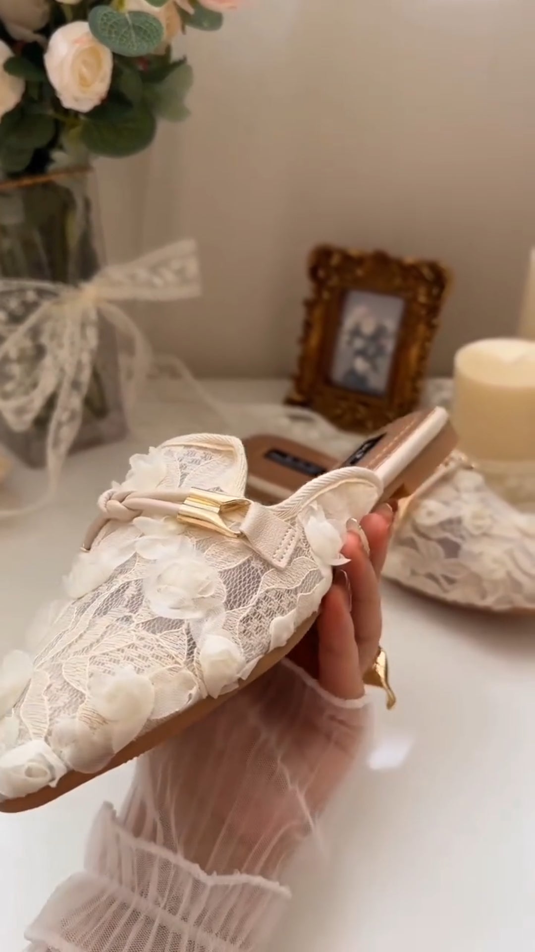 3D Flower Lace Loafers Slippers