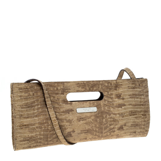 Beige Lizard Embossed Leather Cutout Handle Clutch Bag