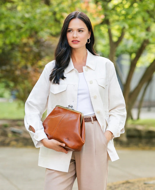 Classic Kiss-lock Closure Adorned Leather Bag