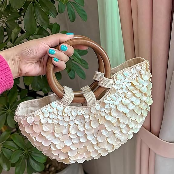 Summer Beach Handle Seashell Purse Beaded Handbag