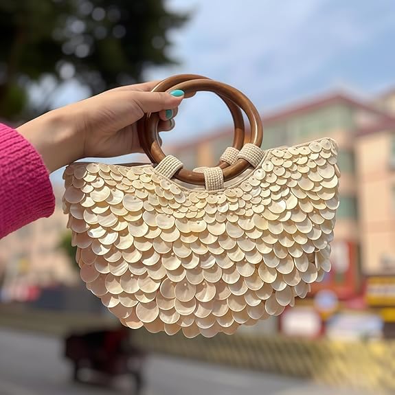 Summer Beach Handle Seashell Purse Beaded Handbag